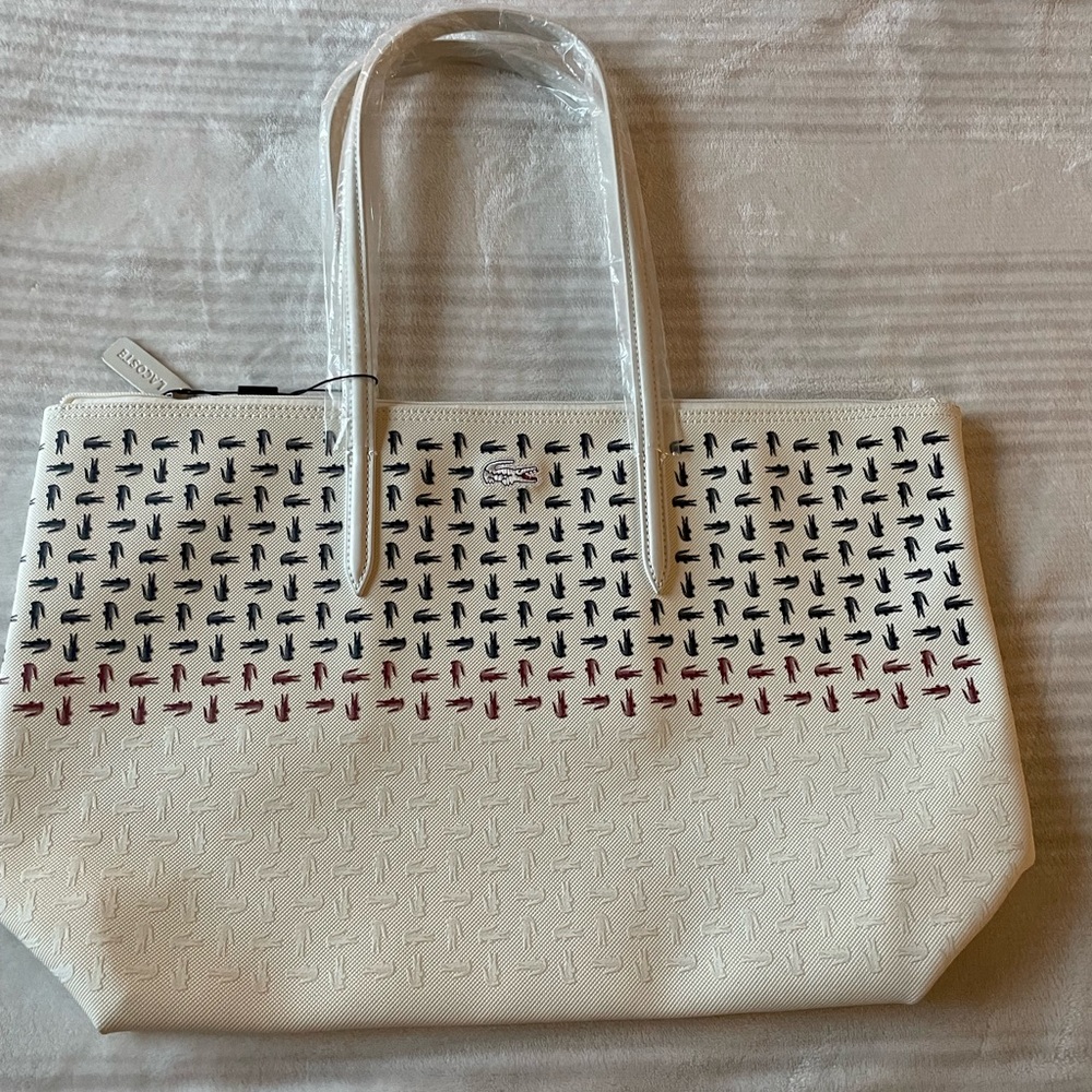 *NEW* Lacoste Cream Zippered Tote in Cream w/ Navy/Maroon/White logo print